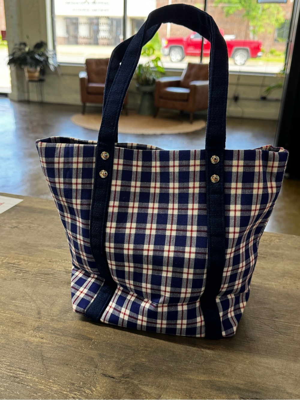 Longaberger Navy, White & Red Plaid Canvas Tote - Picture 2 of 7